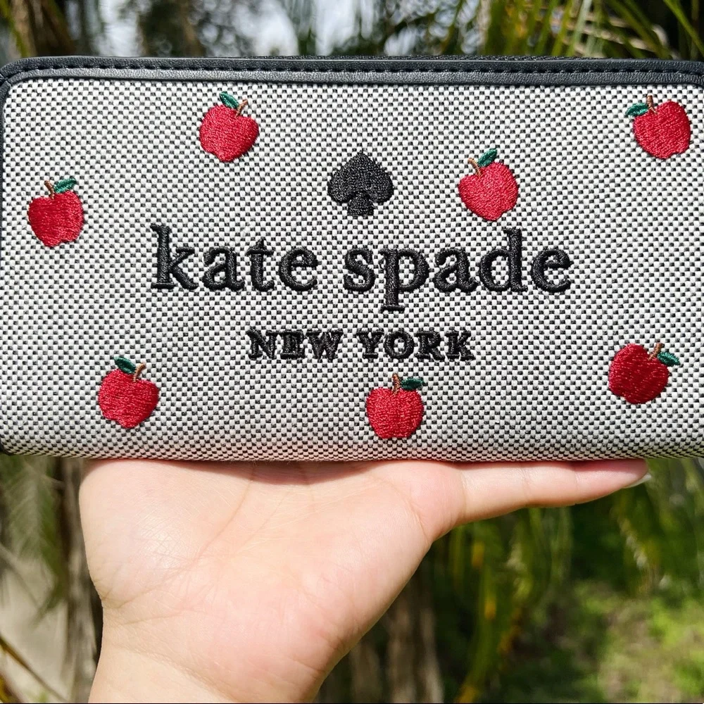 Kate Spade Ella Apple Toss Embroidered Large Continental Zip Wallet Black Multi